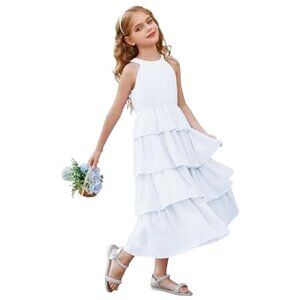 Grace Karin Girls White Sleeveless Tiered Maxi Dress Size 10Y Chiffon Backless
